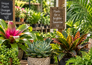 Assorted tropical plants and succulents at a garden display with signs reading “Unique Plants Stronger Tomorrow” and “Plants for a Brighter Tomorrow”