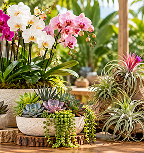 Potted orchids and succulents arranged in a bright garden display