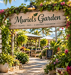 Muriel’s Garden nursery entrance with lush plants, flowers, and a wooden sign over a stone path