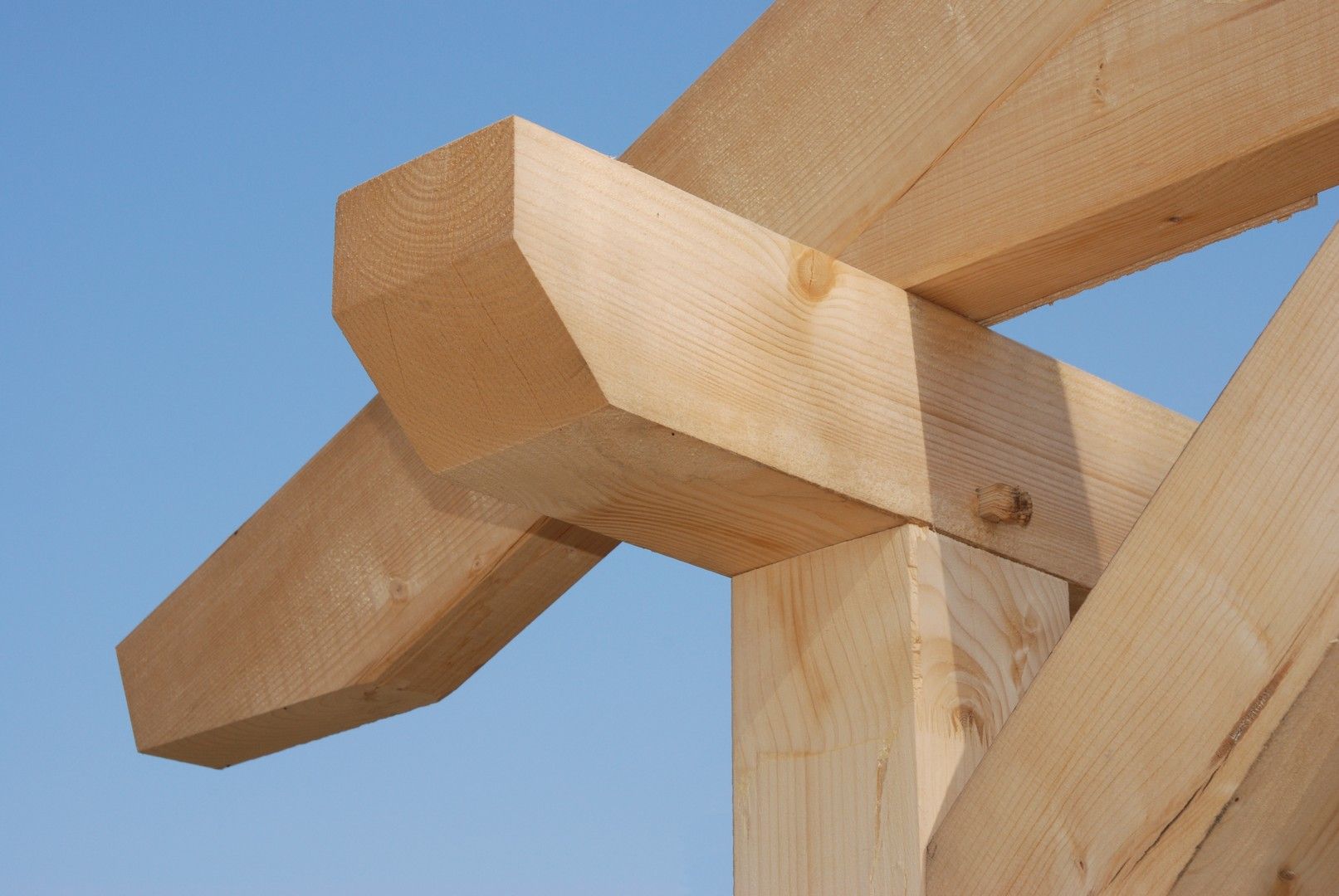 Un primo piano di una struttura in legno con un cielo blu sullo sfondo