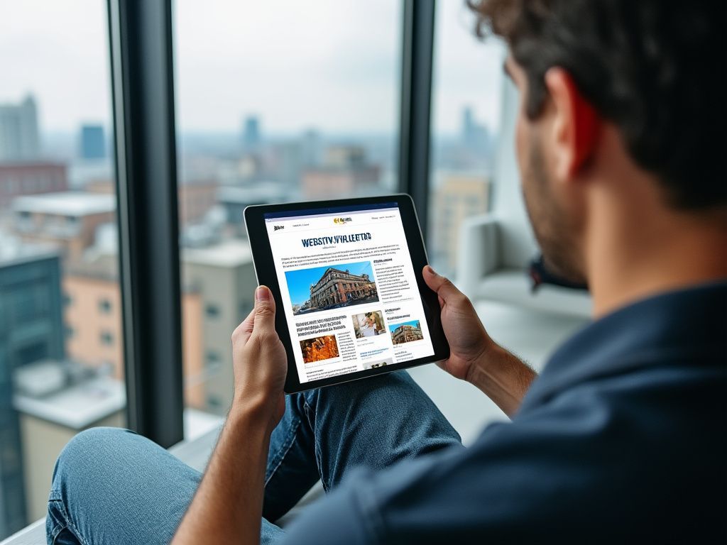 Man with skyline view holding a tablet reading a blog from an outsourced accounting advisory company