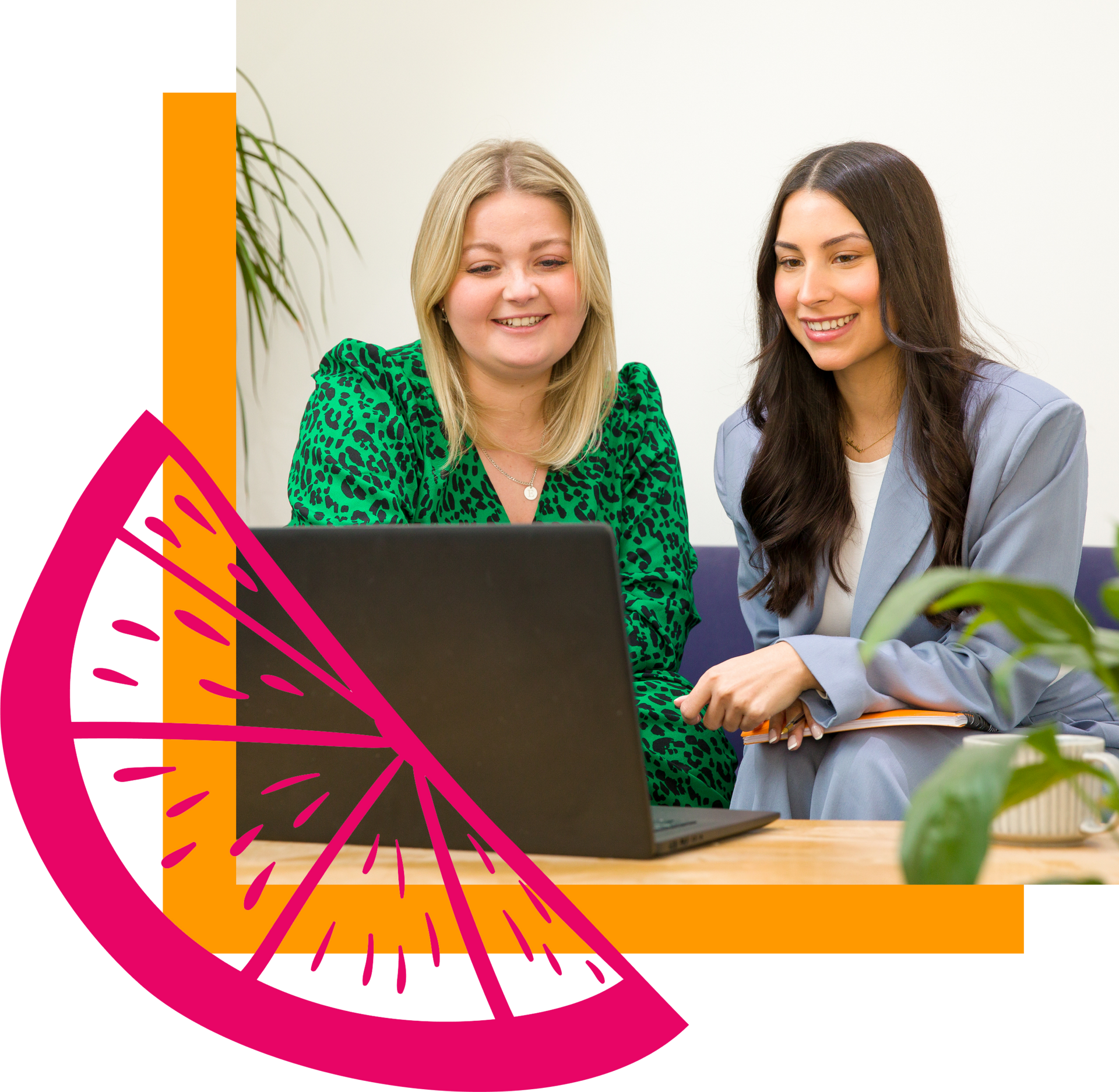 Two women at a table looking at a laptop. One wears green, the other a blue suit. Pink and orange graphic in the foreground.