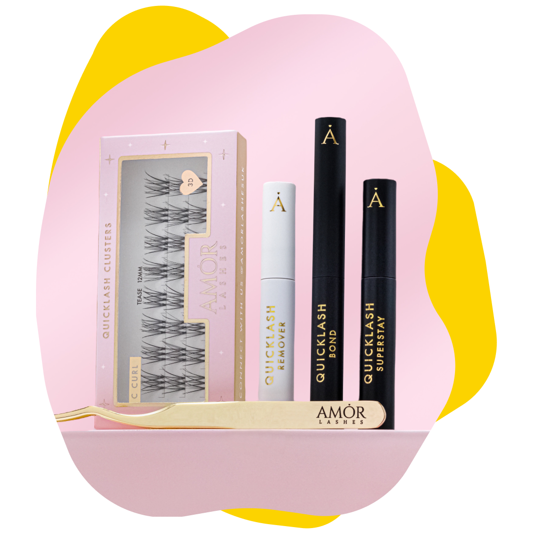 Lash kit on a pink shelf, including lashes, bond, sealant, mascara, and a gold applicator with a yellow background.