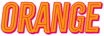 Orange word art with orange fill, dark pink outline, and slight drop shadow.