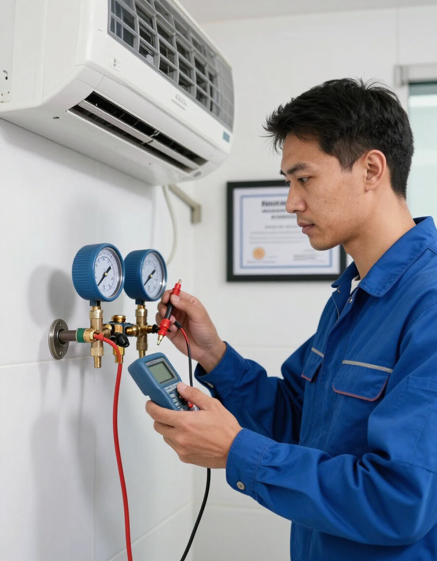 Técnico con uniforme azul probando los manómetros del sistema de climatización con un medidor digital debajo de un aire acondicionado montado en la pared.