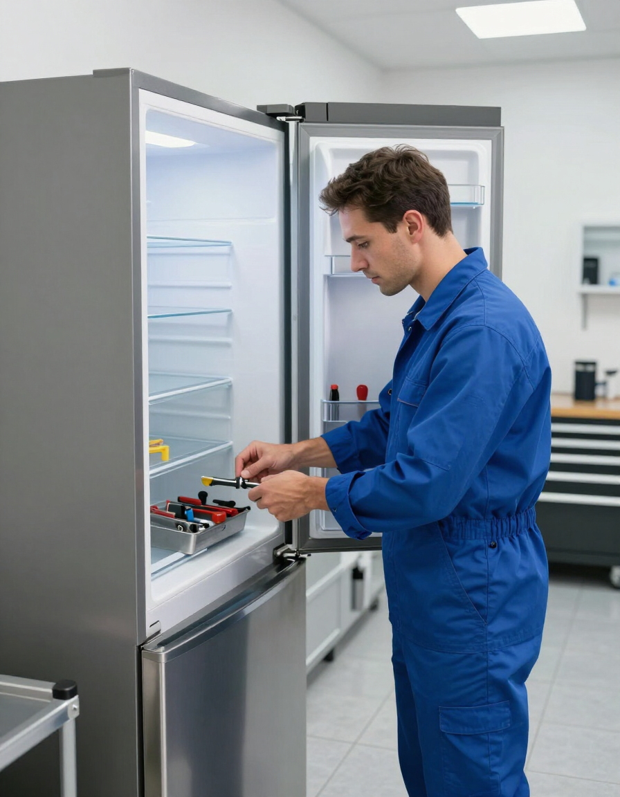 Un técnico con ropa de trabajo azul ajusta un equipo dentro de un refrigerador de laboratorio abierto.