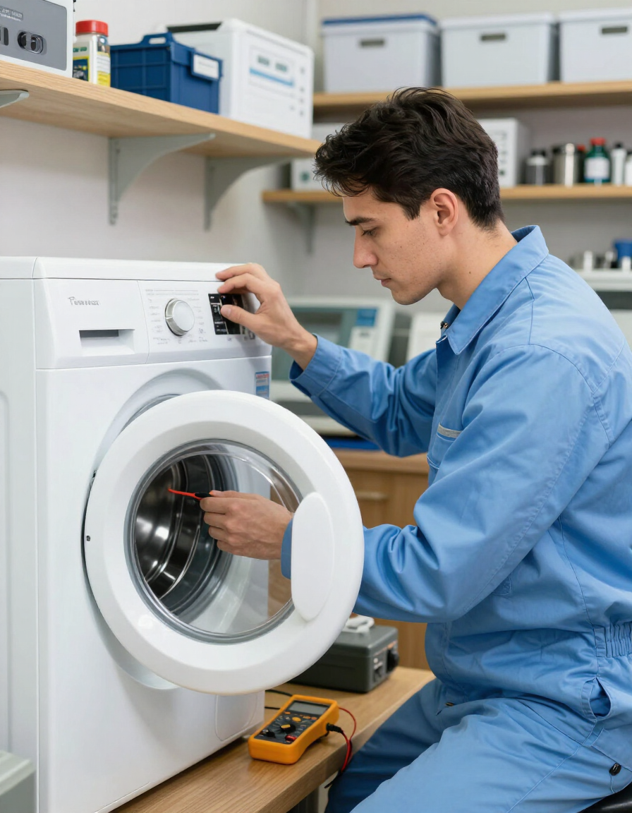 Técnico con mono azul reparando una lavadora de carga frontal en un taller.