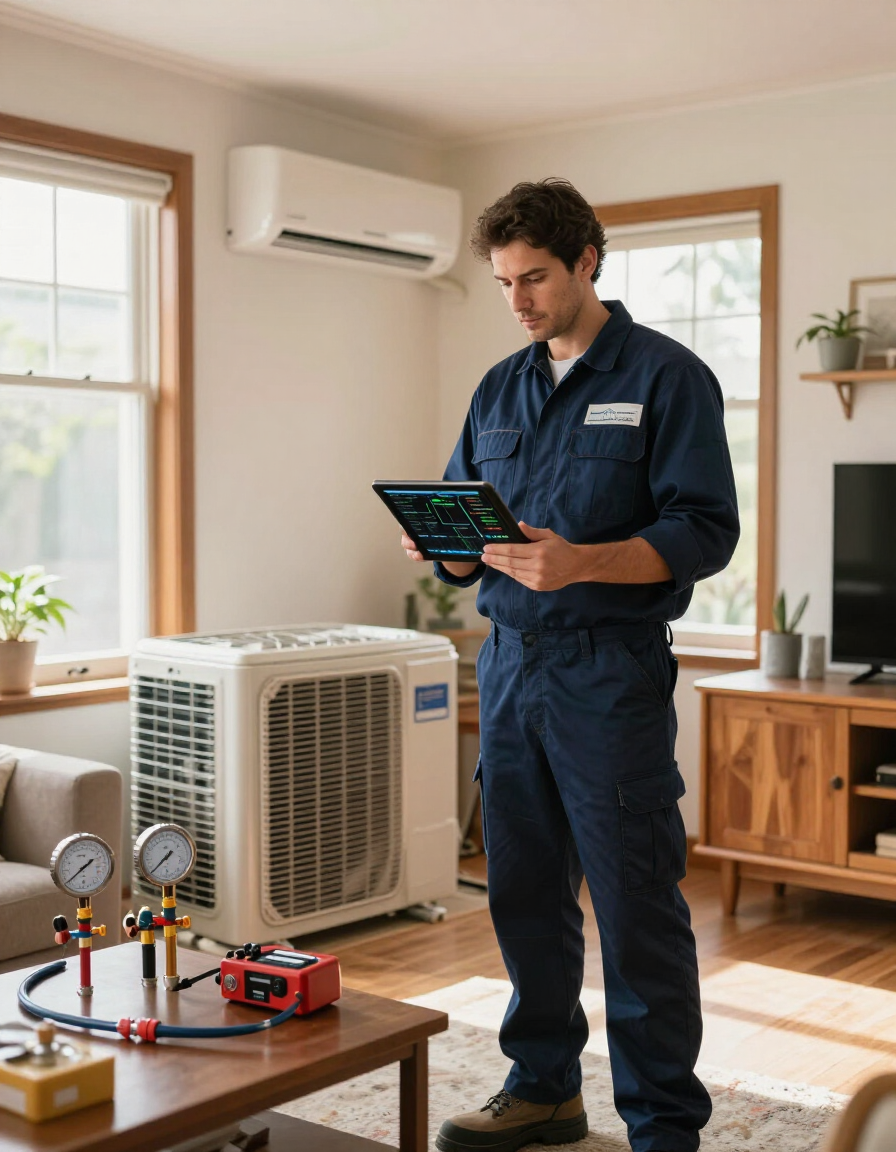 Técnico con mono azul inspeccionando una tableta junto a una unidad de climatización interior en una sala de estar.