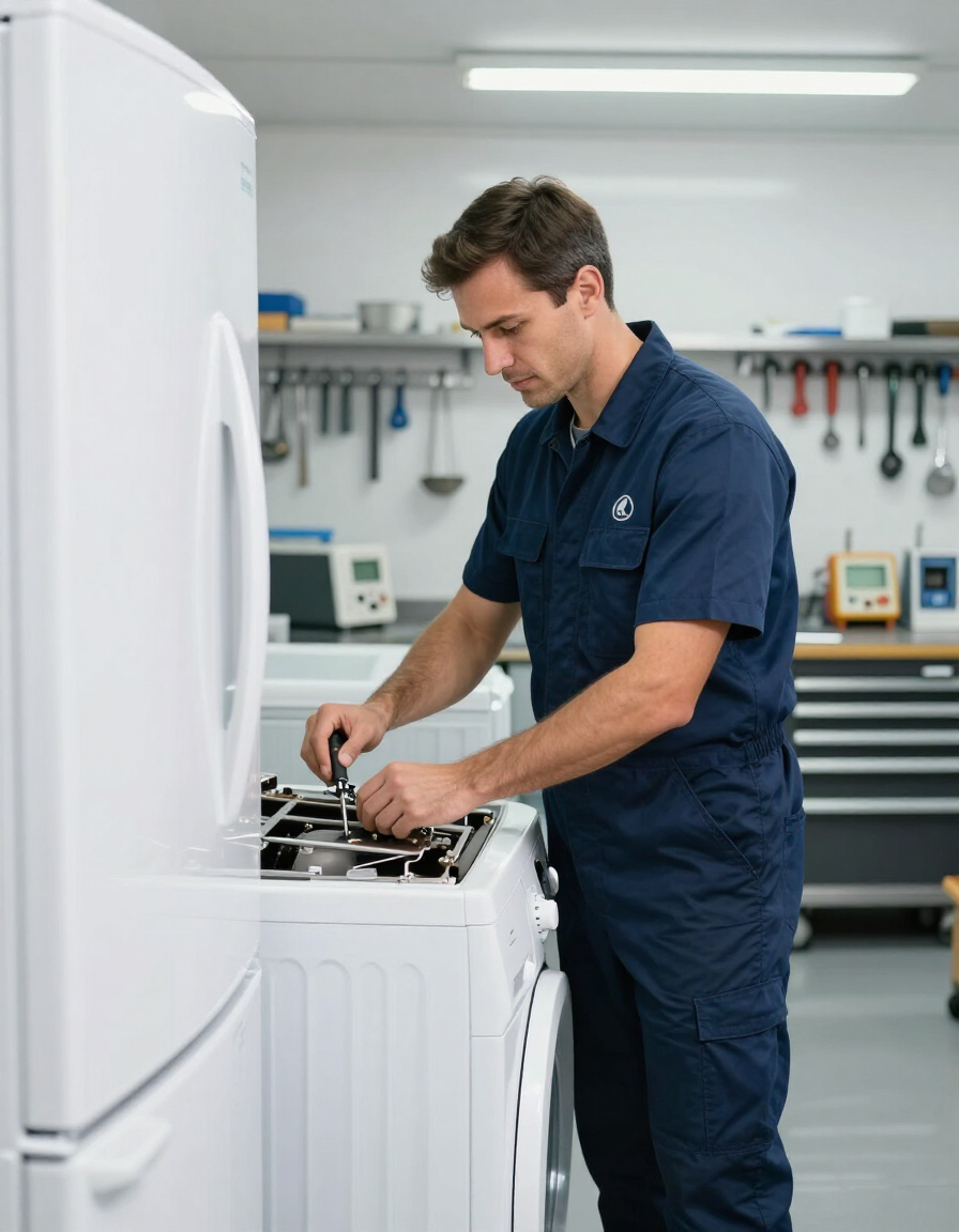 Técnico con uniforme de la marina reparando una lavadora blanca en un taller.