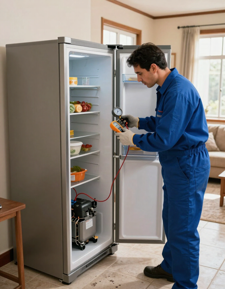 Técnico reparando un refrigerador abierto con herramientas en una cocina doméstica.