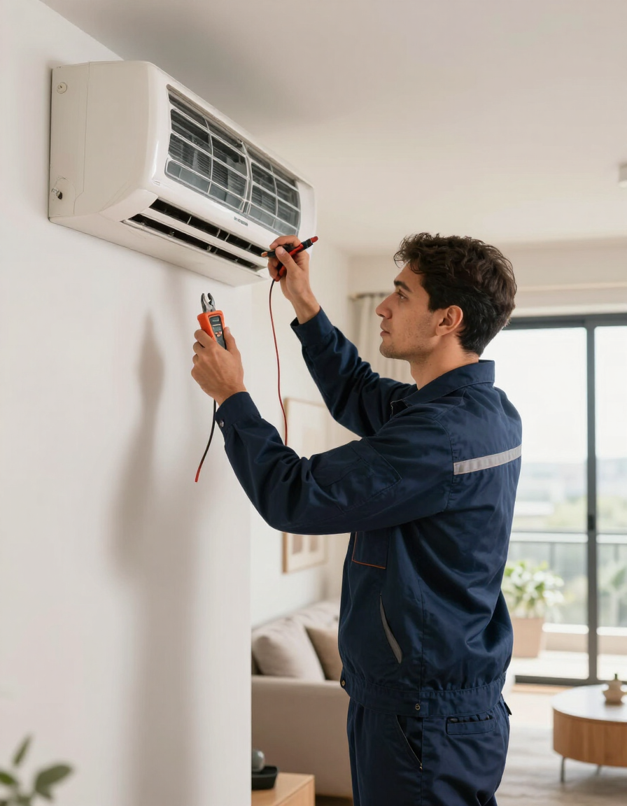 Técnico reparando un aire acondicionado de pared con un destornillador en una habitación luminosa.
