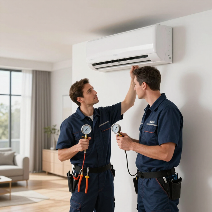 Dos técnicos de climatización inspeccionan un aire acondicionado de pared en una habitación luminosa.