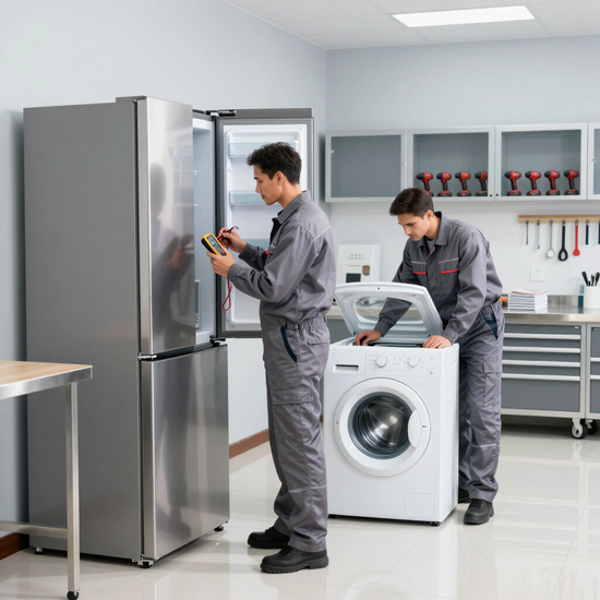 Dos técnicos en un laboratorio, uno inspeccionando un refrigerador y el otro trabajando en una lavadora.