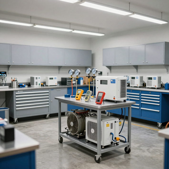 Laboratorio de pruebas eléctricas con bancos de trabajo, manómetros y carros para equipos en un taller limpio.