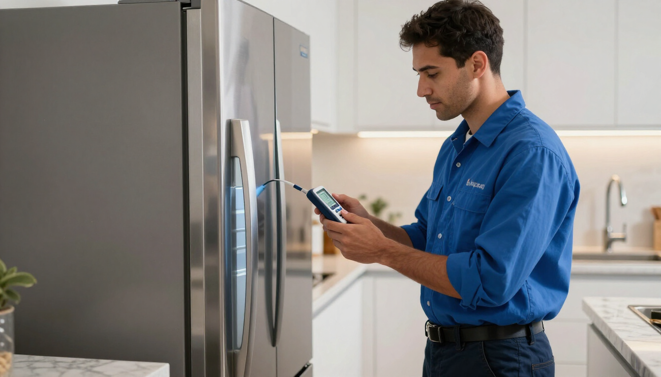 Un hombre utiliza un teléfono inteligente para controlar un refrigerador de acero inoxidable en una cocina luminosa.
