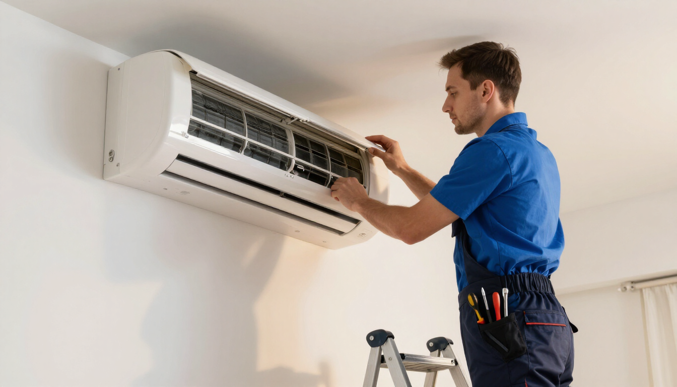 Técnico con camisa azul ajustando un aire acondicionado de pared subido a una escalera.