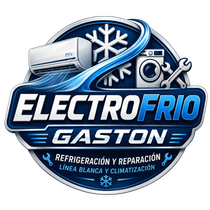 Logotipo de Electrofrío Gastón con refrigerador, copo de nieve y herramientas de reparación de electrodomésticos en azul y blanco.