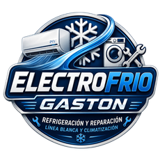 Logotipo de Electrofrío Gastón con refrigerador, copo de nieve y herramientas de reparación de electrodomésticos en azul y blanco.