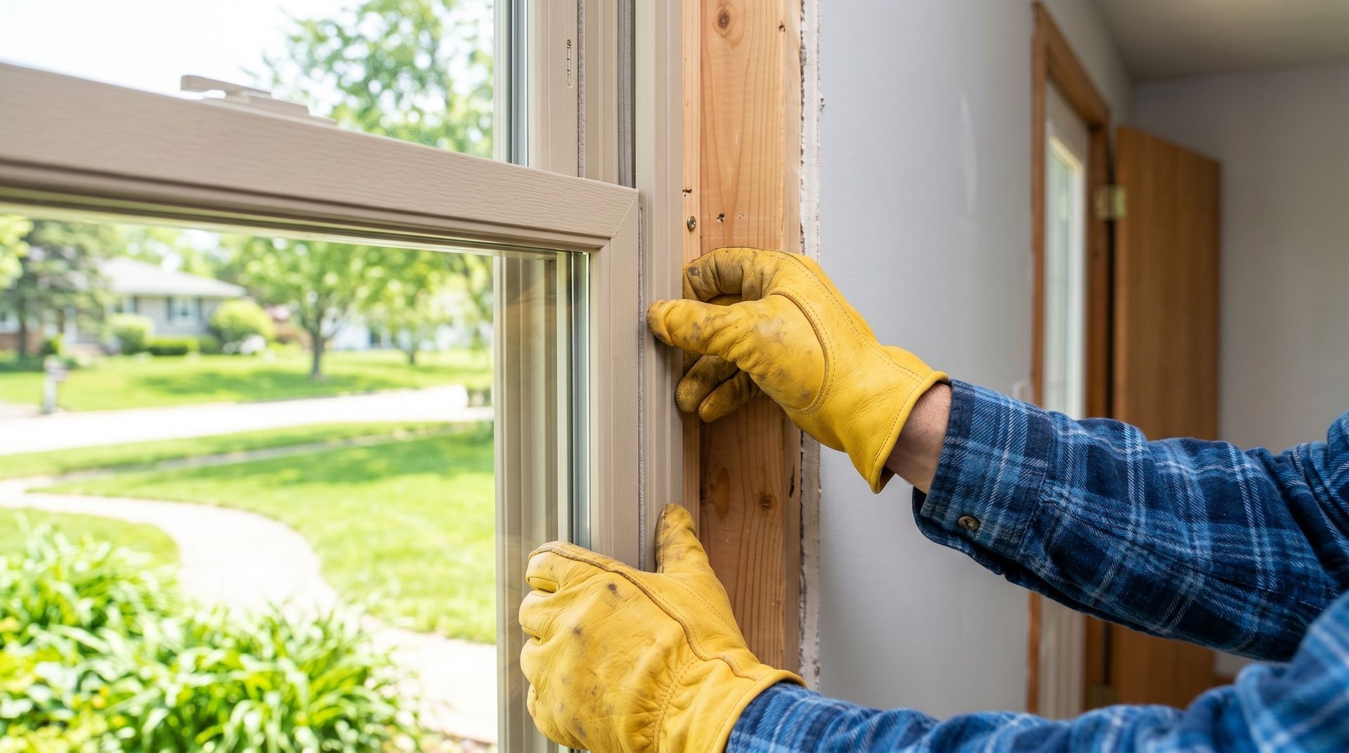 A worker in yellow leather gloves fitting a new window into a residential wooden frame structure.