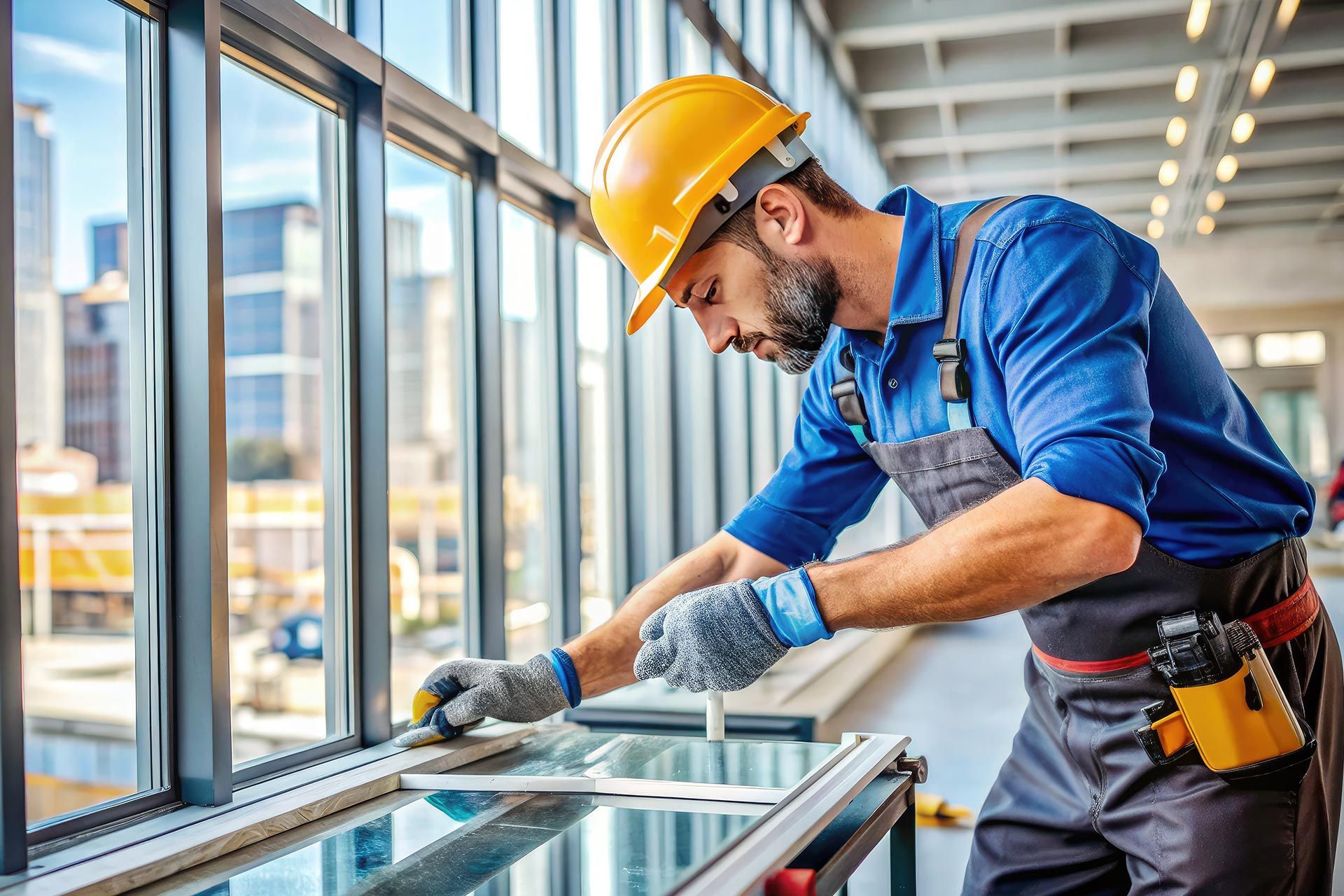 Worker in safety gear installing or cleaning a window in a high-rise building. Worker in safety gear installing or cleaning a window in a high-rise building.