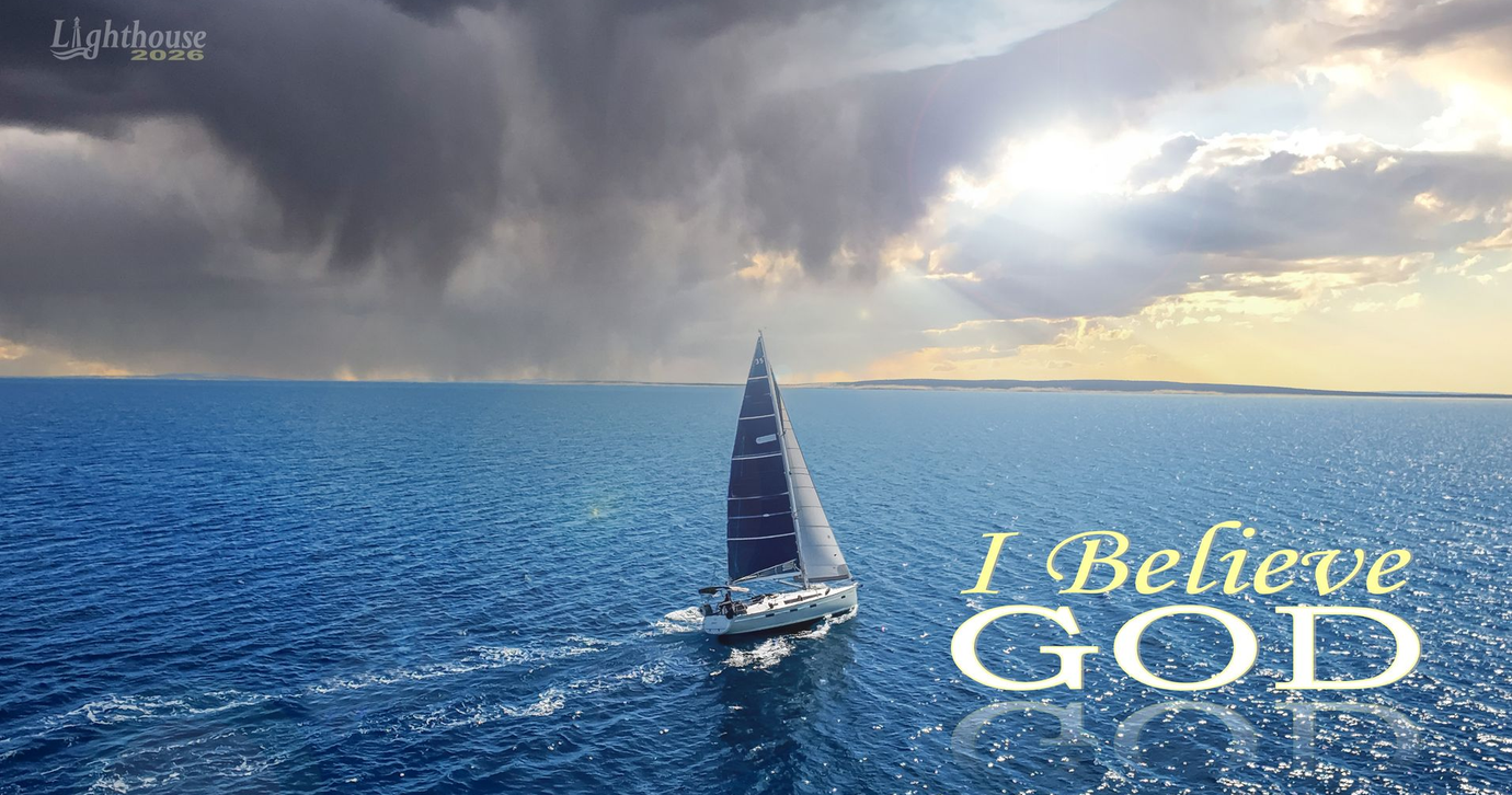 Sailboat on a stormy blue sea under dark clouds with the words “I Believe GOD.”