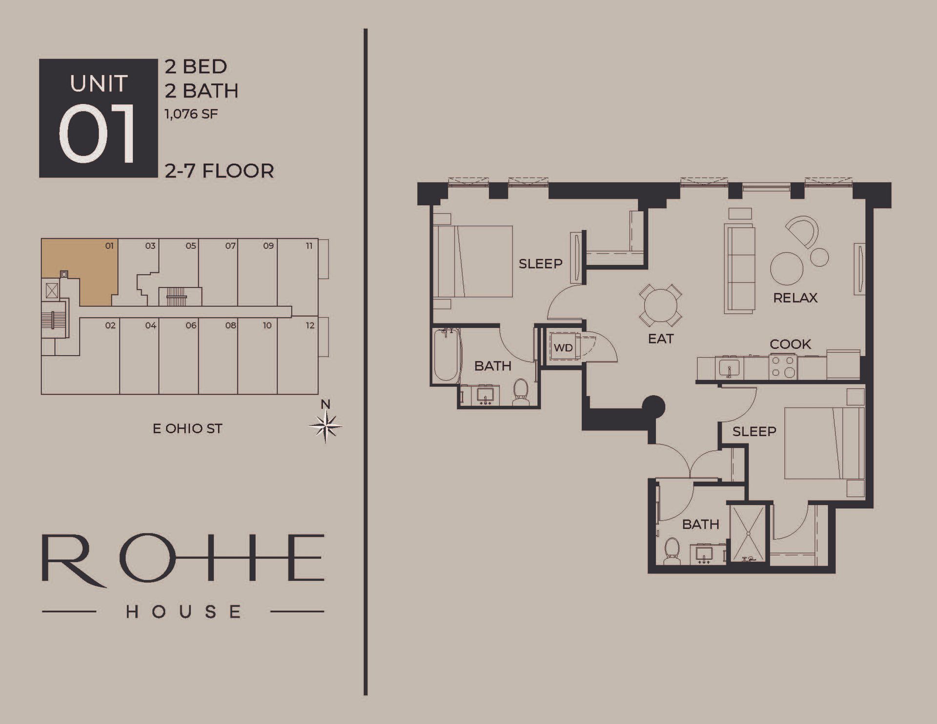 Floor plan of a 2-bed, 2-bath 2nd-floor unit for Rohe House, shown in beige and black.