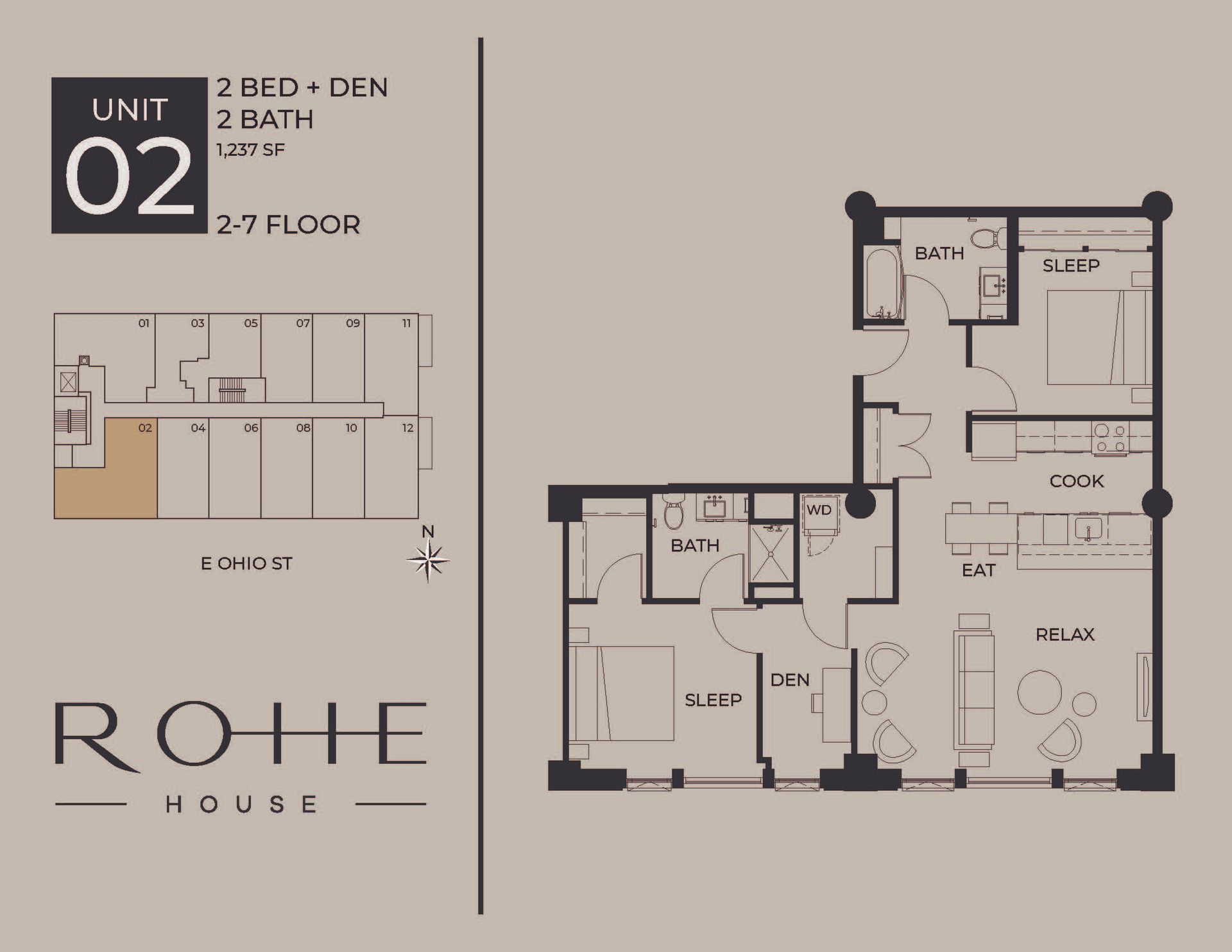 Apartment floor plan for Unit 02, 2-bed/2-bath, with room layout and ROHE House branding.