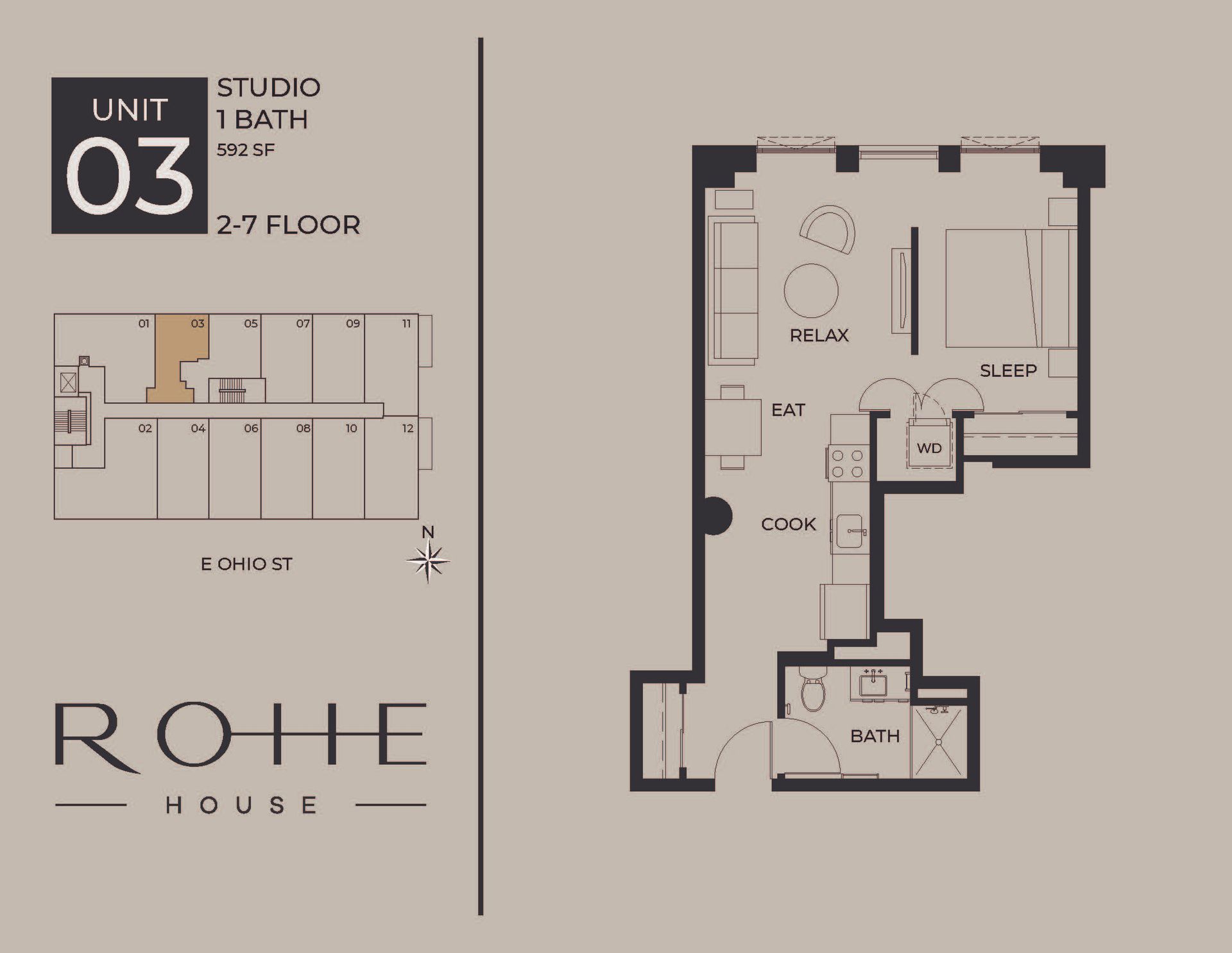 Studio apartment floor plan for Unit 03 at ROHE House, 27th floor, showing living, bedroom, bath, and balcony areas