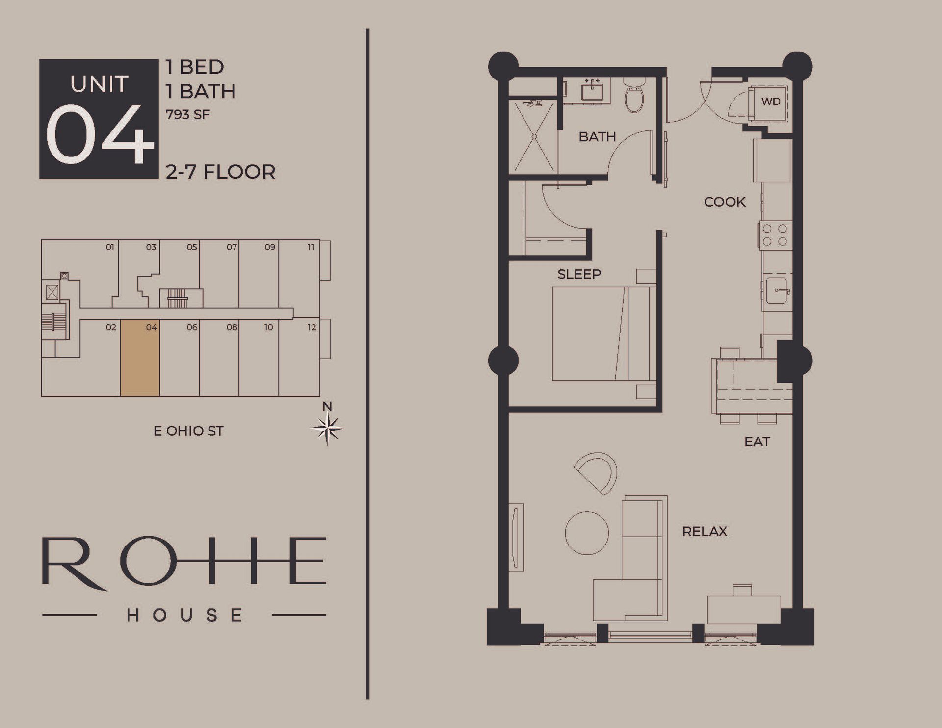 Floor plan for Unit 04, 1-bedroom, 1-bath apartment at ROHE House, 27th floor.