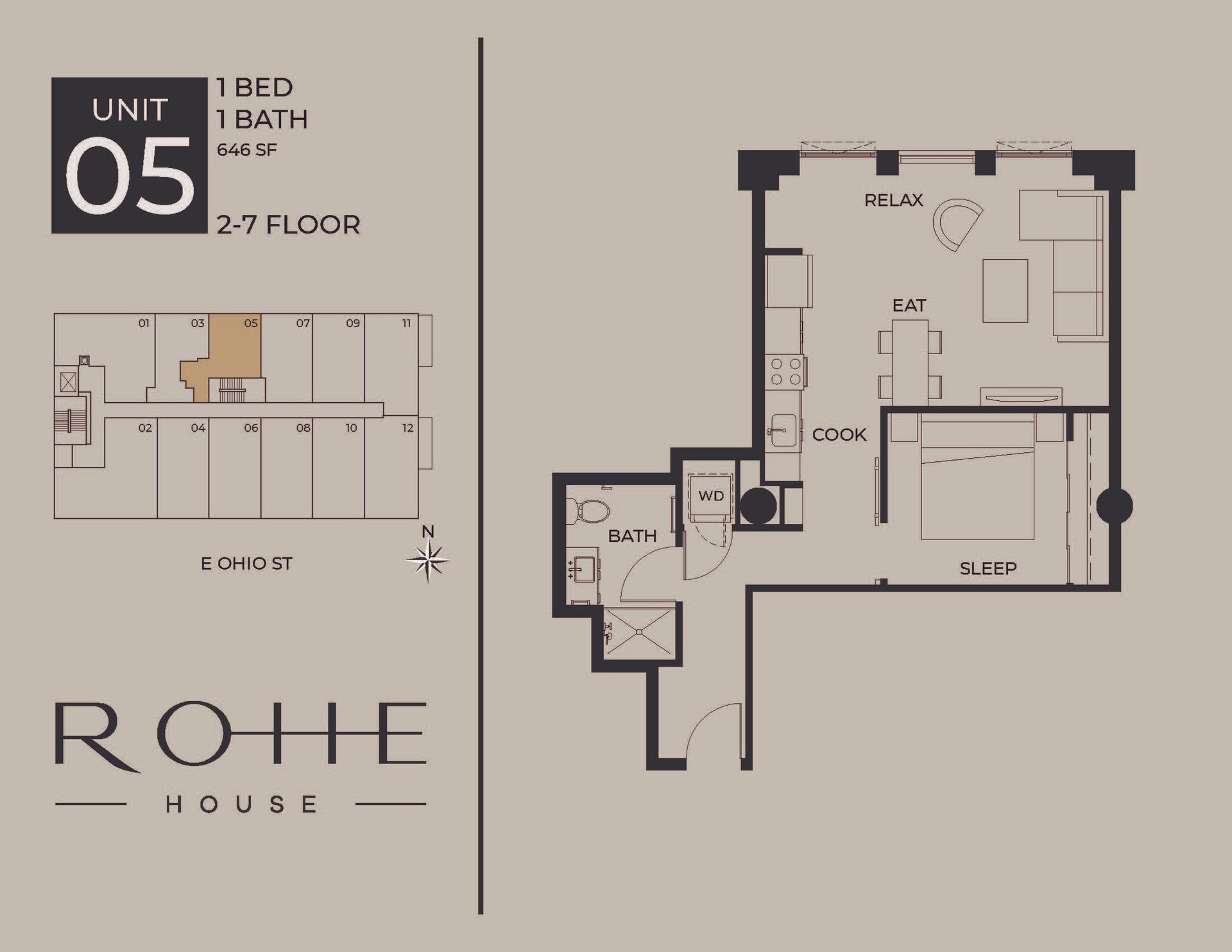 Unit 05 floor plan for a 1-bed, 1-bath 27th-floor Rohe House apartment.