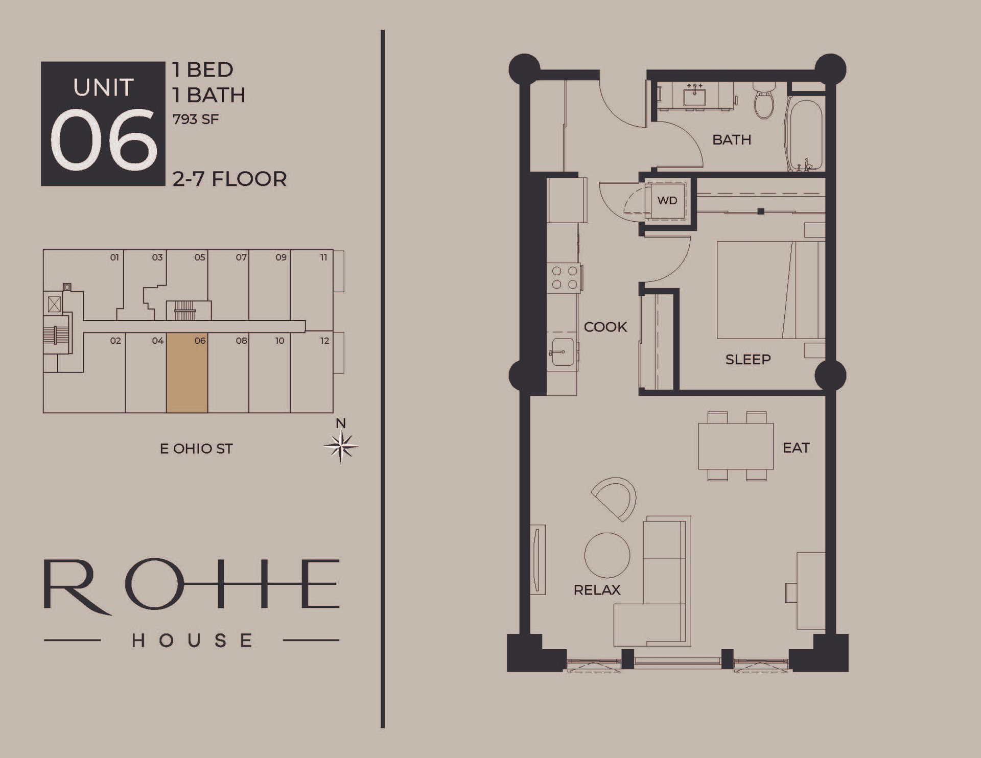 Floor plan for Unit 06, a 3-bedroom, 2-bathroom apartment at Rohhe House, 27th floor.