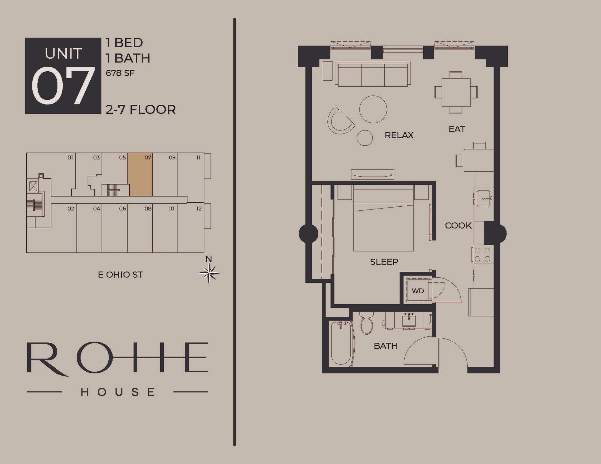 Apartment floor plan for Unit 07, 1 bed/1 bath, 27th floor, with bedroom, kitchen, living, and patio areas