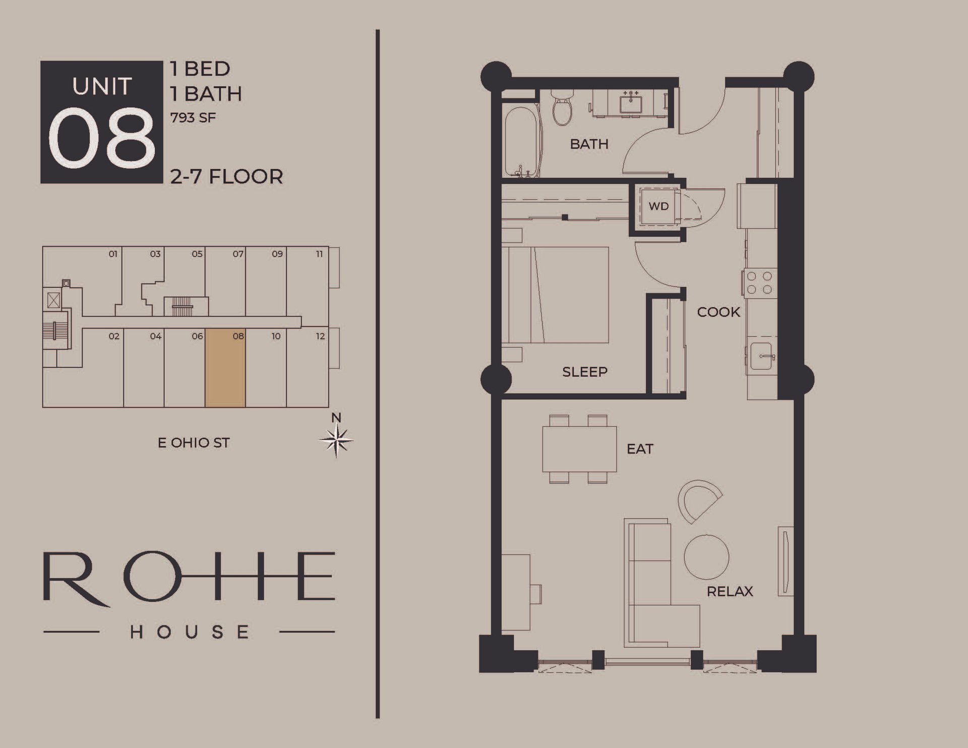 Unit 08 apartment floor plan for bed and bath, with Rohhe House branding.
