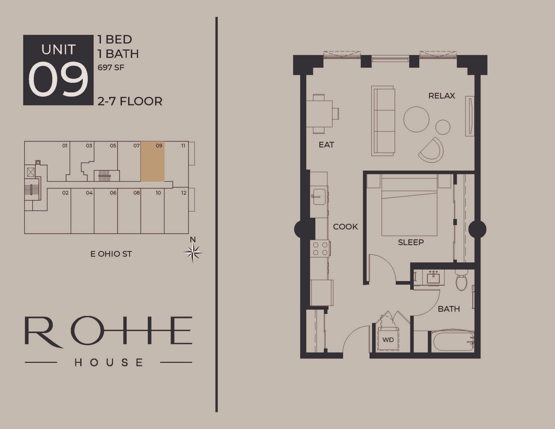 Floor plan for Unit 09, 2 bed, 2 bath, 27th floor, Rohe House.