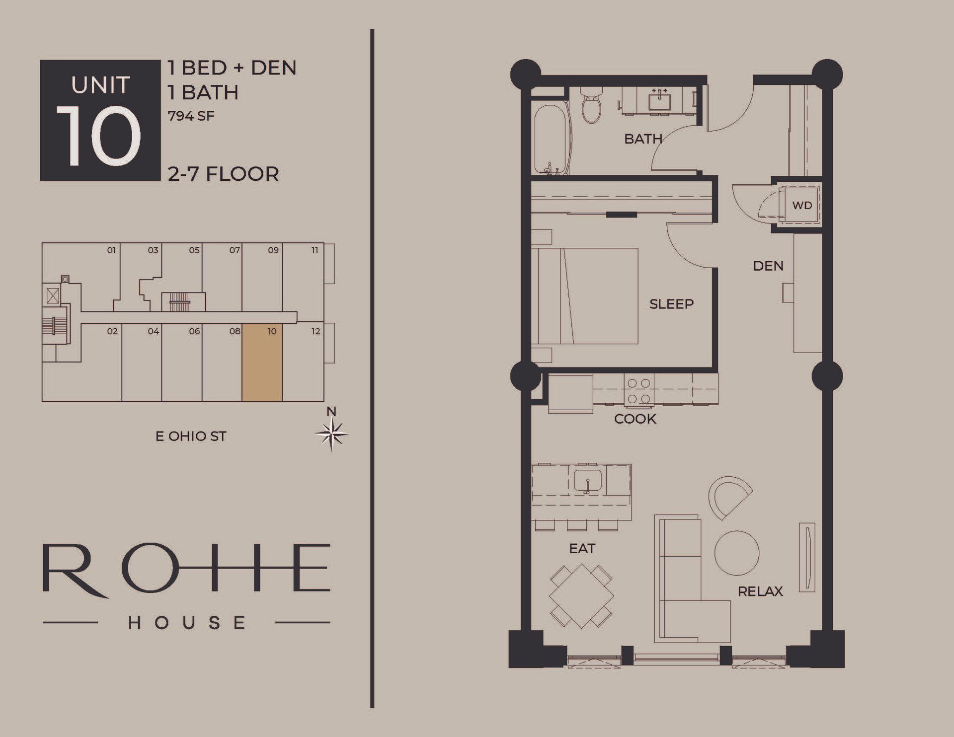 Floor plan for Unit 10, 1-bed + den, 2 bath, 2nd floor, with ROHE House branding.