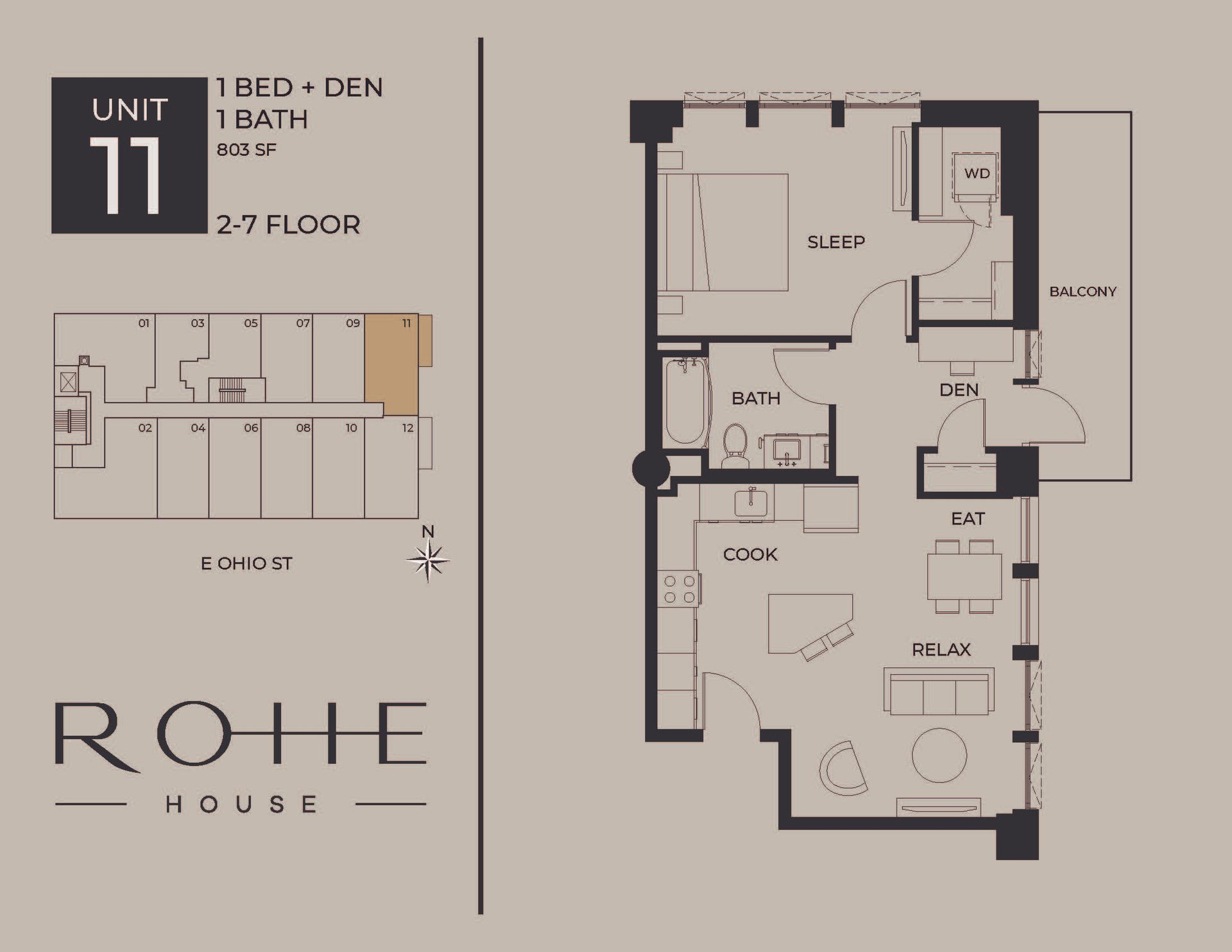 2-bedroom apartment floor plan for Unit 11, 27th floor, with layout and room labels.