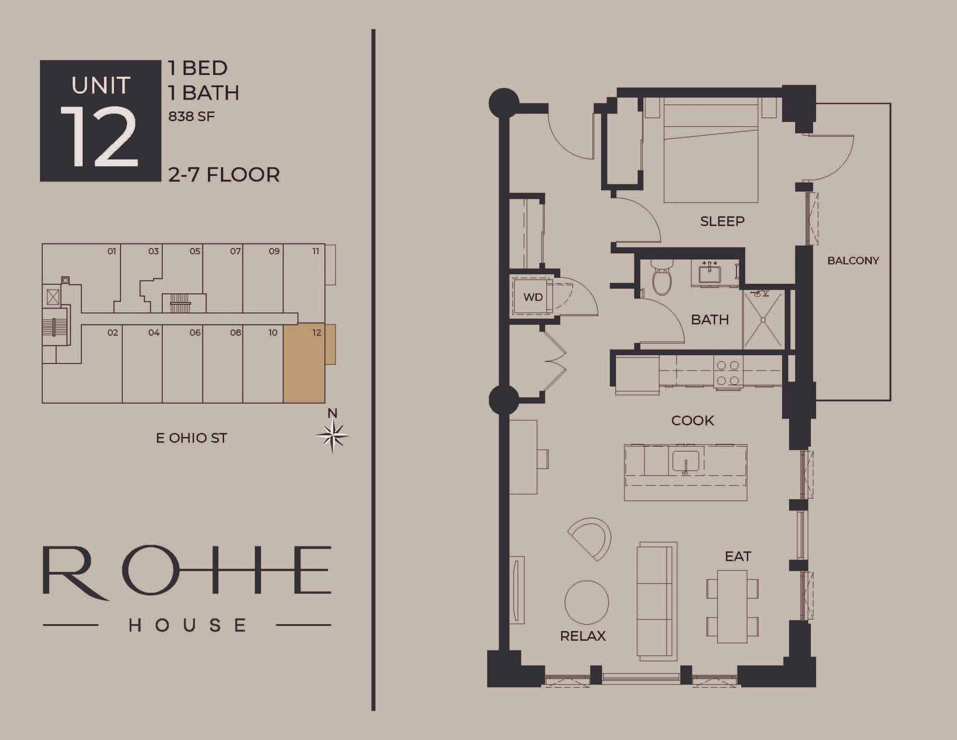 Apartment floor plan for Unit 12, 1 bed/1 bath, 27th floor at Rohhe House.