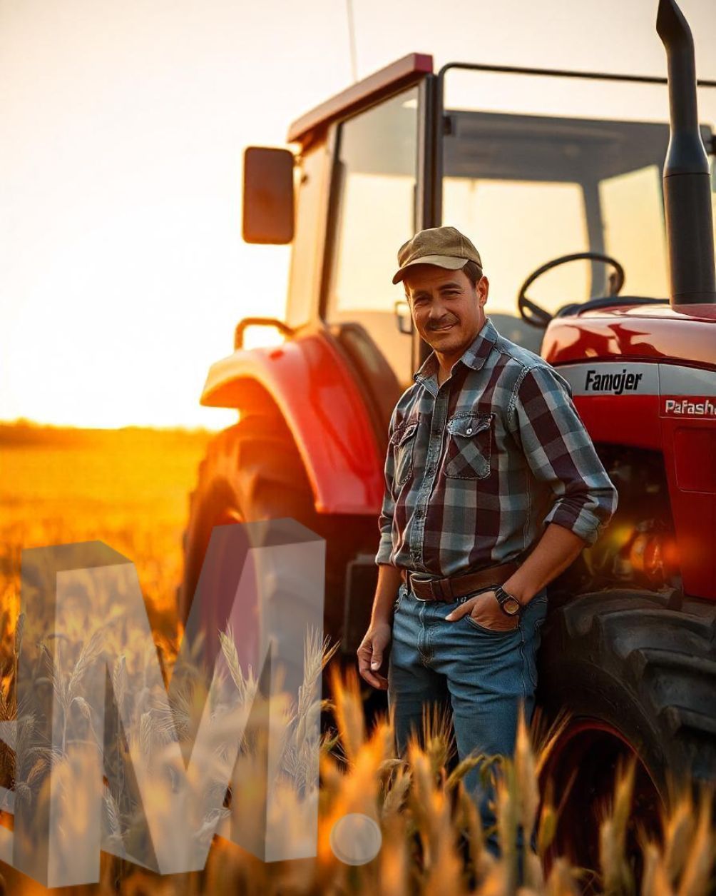Fazendeiro ao lado de um trator vermelho em um campo dourado ao pôr do sol.
