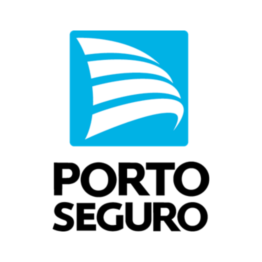 Logotipo da Porto Seguro com formas de velas brancas em um quadrado azul acima de texto preto em negrito