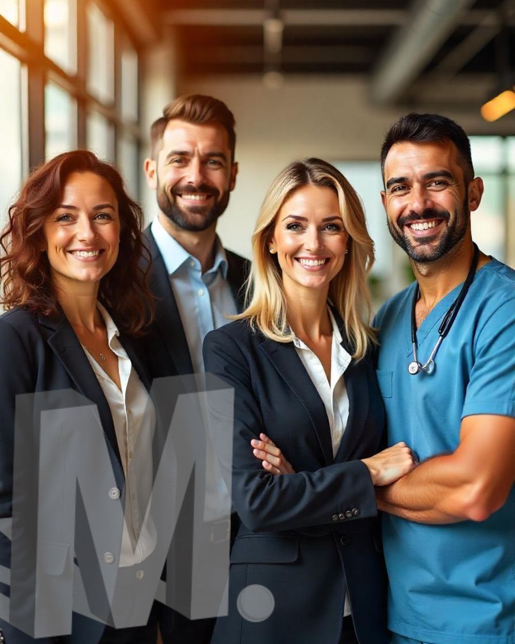 Quatro colegas de trabalho sorridentes, juntos em um corredor iluminado do escritório.