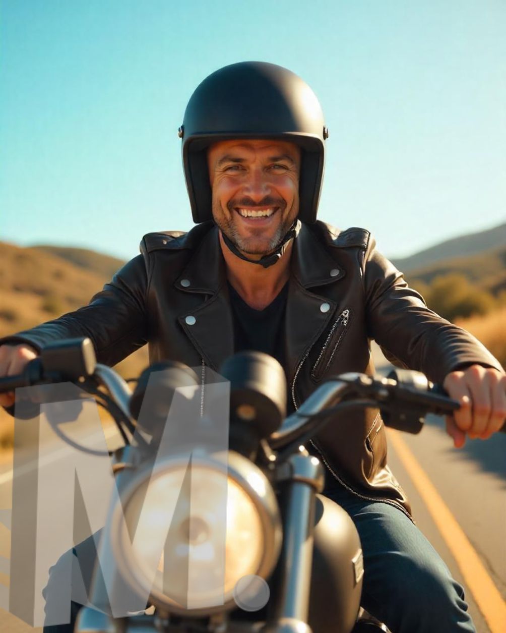 Motociclista sorridente usando capacete preto em uma estrada desértica iluminada pelo sol