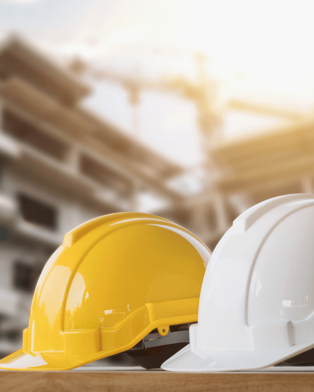 Capacetes de construção amarelos e brancos em um canteiro de obras com uma estrutura desfocada ao fundo.