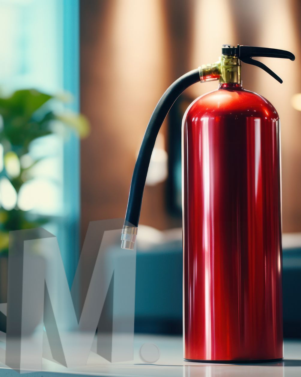 Extintor de incêndio vermelho com mangueira preta em pé sobre uma mesa em ambiente interno, fundo desfocado.