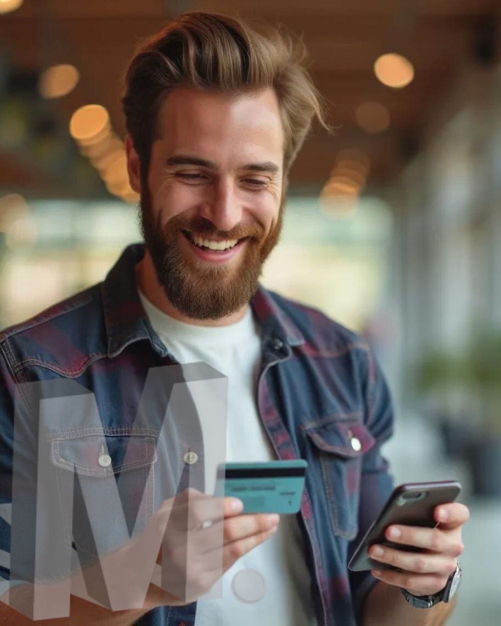 Homem sorridente de camisa xadrez segurando um cartão de crédito e um smartphone em um café.