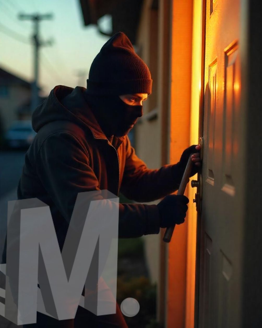 Pessoa mascarada arrombando uma porta com ferramentas à noite, iluminada por luz laranja.