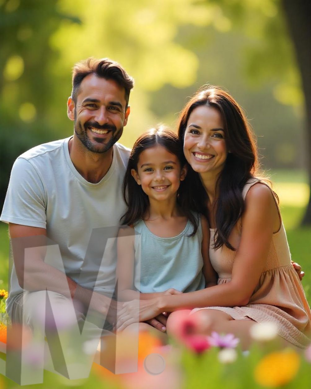 Três pessoas sorridentes sentadas juntas ao ar livre em um jardim ensolarado com flores cor-de-rosa em primeiro plano.
