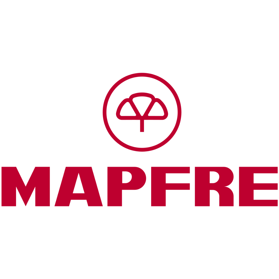 Logotipo da MAPFRE em vermelho com um emblema circular acima da marca denominativa.