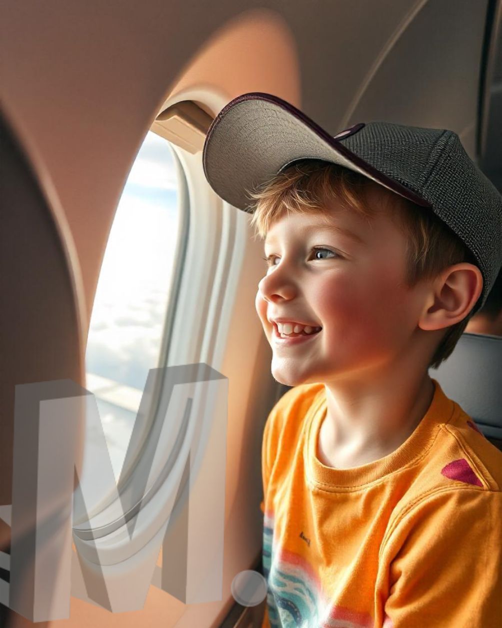 Criança sorrindo e olhando pela janela de um avião, vestindo uma camisa laranja e um boné escuro.