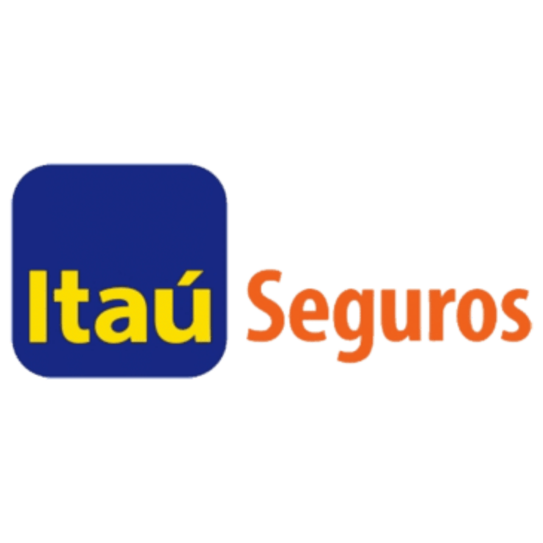 Logotipo da Itaú Seguros com um quadrado azul e texto amarelo/laranja.