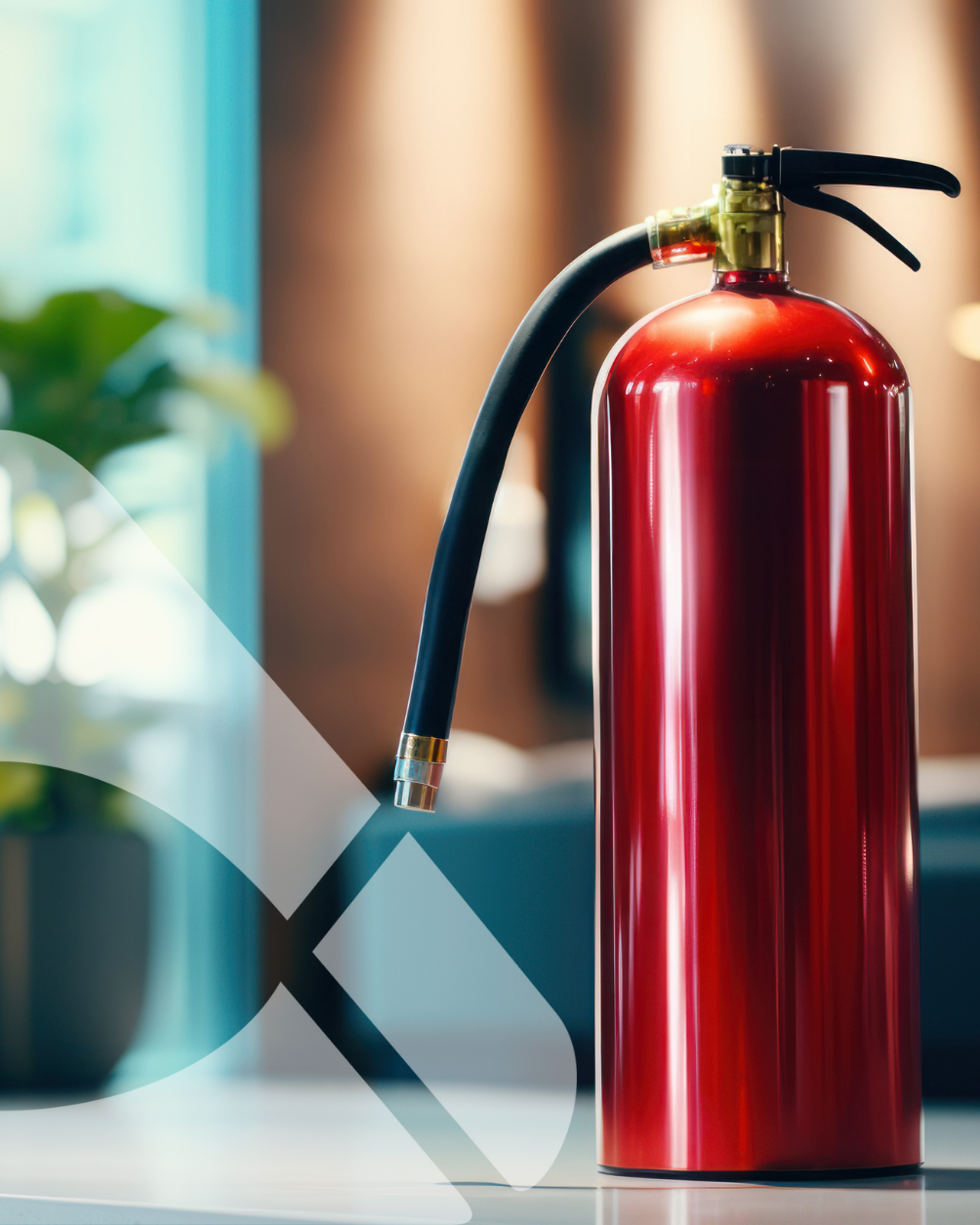 Extintor de incêndio vermelho com mangueira preta sobre uma mesa em ambiente interno, contra um fundo desfocado.